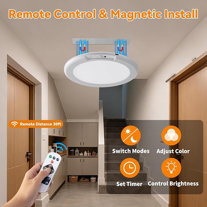 KYEKIO Rechargeable Ceiling Light 2Pack, 3 Color Magnetic Motion Sensor Lights with Remote, Wireless Dimmable Closet Light Battery Operated, LED Lights for Shower Pantry Shed Hallway Porch Stairs
