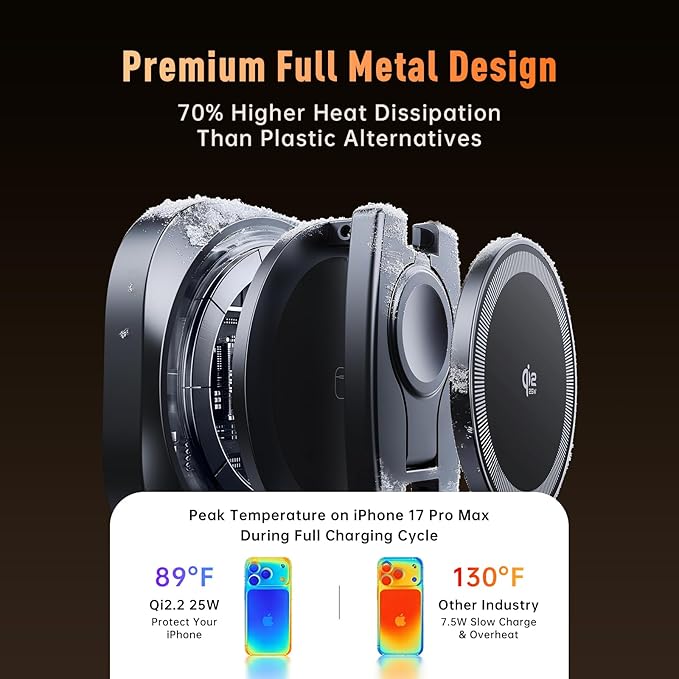 REWONDER 3 in 1 Wireless Charger Station - Qi2.2 25W Charging Stand - 360° Rotatable Metal Aluminum Dock Compatible with iPhone 17 16 15 14 13 & Apple Watch Ultra & AirPods Pro (Adapter Not Included)
