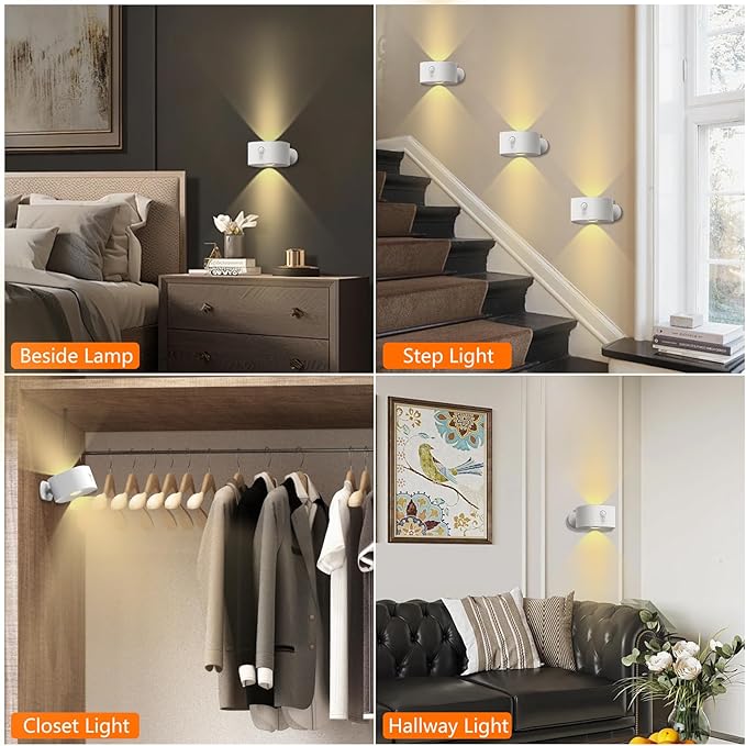 Deyagoo Motion Sensor Wall Light Indoor, Battery Operated Sconce 360°Rotate, Rechargeable Cordless Night Light, Touch Dimmable 3 Brightness, UP Down LED Wall Lamp for Stairs, Closet, Bedroom, Bathroom