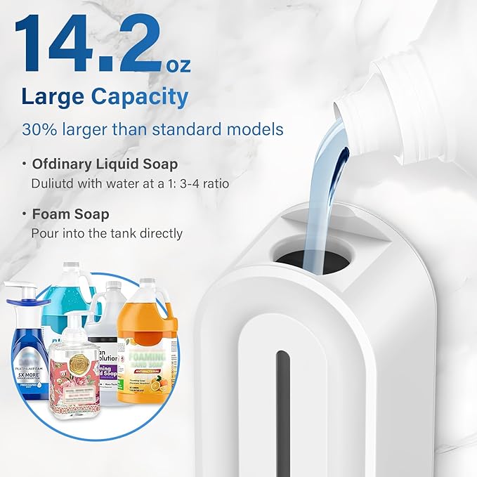 Automatic Soap Dispenser Wall Mount for Bathroom, 14.2oz Rechargeable Touchless Adjustable Auto Smart Foaming Hand Soap Dispenser for Bathroom,Kitchen,Office,Foam