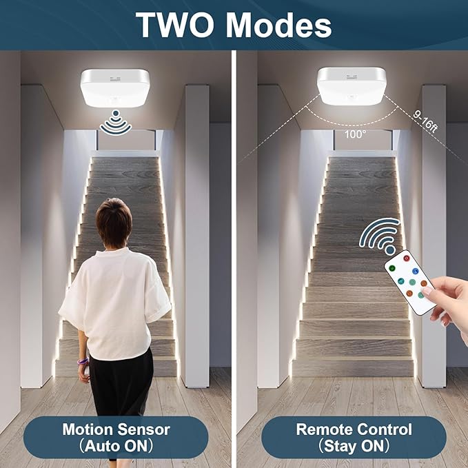 Motion Sensor Rechargeable Ceiling Light Indoor/outdoor with Remote, Wireless Battery Operated Rechargeable Sensor Light for Closet, Garage, Hallway, 3000K-6000K Battery Powered Shower Lights, 2 Pack