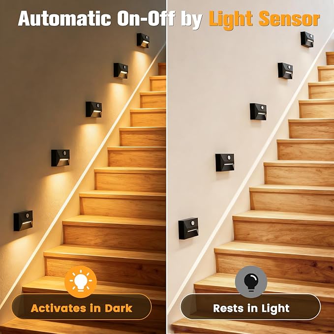 VOLISUN Motion Sensor Stair Light Rechargeable 8 Pack, Night Lights 3 Modes & 3 Color Temperatures, Magnetic Rechargeable Stick-On Lights for Stairs, Hallway, Cabinet(Black)