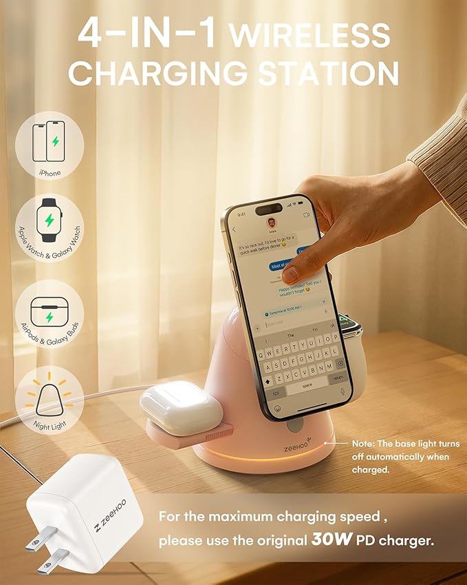 ZEEHOO 3 in 1 Charging Station for Apple Devices,Qi2 Mag-Safe Charger Stand&Light,Fast Wireless Charging Station for iPhone 17/16/15/14/13/12&AirPods&iWatch &Pixel 10&Samsung Galaxy Watch,30W Adapter