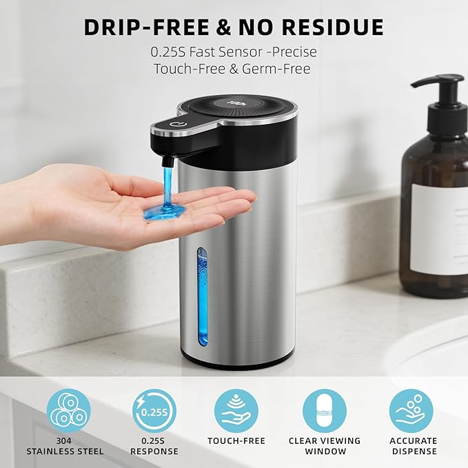 Touchless Automatic Liquid Soap Dispenser for Kitchen, Rechargeable, 13.5oz Large Capacity, Fast Sensor, 4 Adjustable Liquid Levels, Waterproof, Clog-Free Pump(Stainless Steel Liquid)