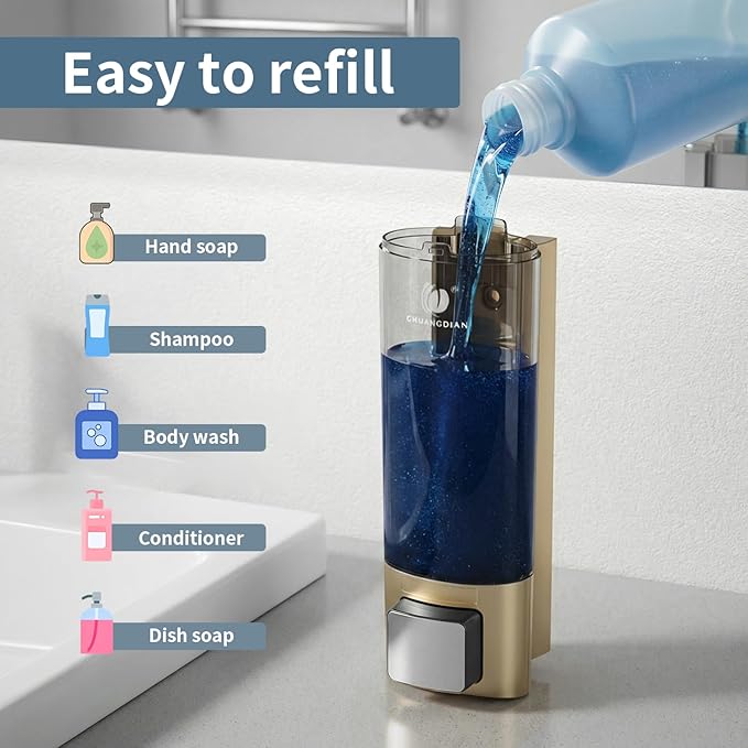 Manual Soap Dispenser Wall Mount, 6.76oz/200ml Liquid Soap Dispenser for Kitchen, No Drill Bathroom Shampoo and Conditioner Dispenser, Refillable Hand Sanitizer Dispenser for Home & Office (Gold)
