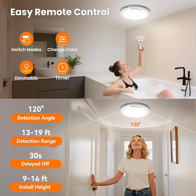 Rechargeable Motion Sensor Ceiling Light Indoor Outdoor w/Remote, 7.08 Inch Battery Operated Flush Mount Ceiling Light 3000K 4000K 6000K 400LM Dimmable for Closet Hallway Laundry Stairs (4)