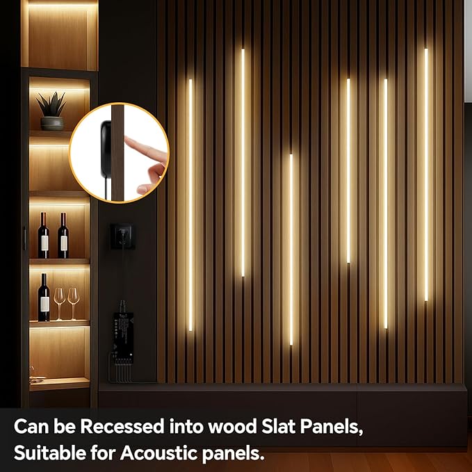 LED Recessed Lighting Kit,6PCS 12V Black COB LED Strip Lights,6.56Ft 4000K with Touch Dimmable Switch Self-Adhesive LED Uner Cabinet Light for Wood Slat Wall Panels, Headboards, Shelves