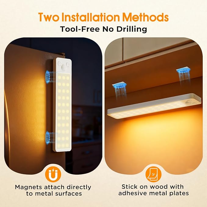 Under Cabinet Rechargeable Dimmable Lighting: 3 Color Temperature Motion Sensor Lights Indoor - Battery Operated Lights - Activated Closet Magnetic Wireless Led Light for Kitchen Home Bathroom 3 Pack
