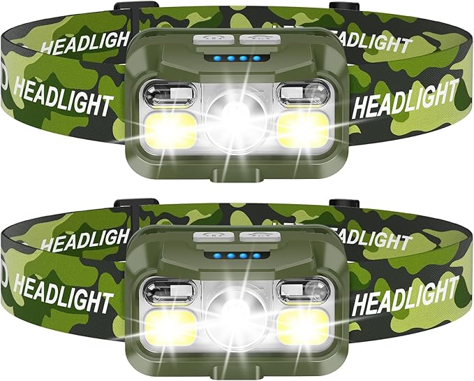 LHKNL Headlamp Rechargeable, Lumen Super Bright Motion Sensor Head Lamp Flashlight,2-Pack Waterproof LED Headlight with White Red Light,8 Modes Head Lights for Camping Cycling Running Fishing-Green