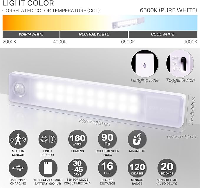 STAR-SPANGLED Under Cabinet Lighting Rechargeable, 8 inch Motion Sensor Lights Indoor Battery Operated, USB Stick on LED Magnetic Closet Light for Counter, Stairs, Kitchen, Cool White, 2 Pack