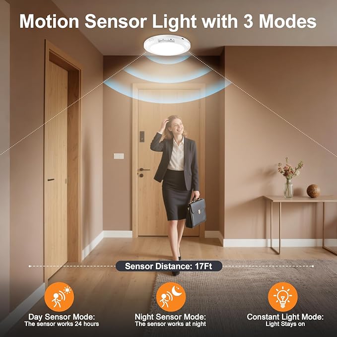 Yunaking Rechargeable Ceiling Light with Motion Sensor: Battery Operated LED Closet Light with Remote & Timing - Wireless Dimmable Magnetic Mount Shower Lamp for Bathroom/Stairs/Garage/Hallway