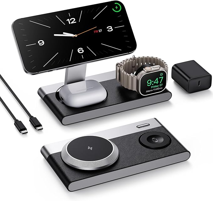 3 in 1 Magnetic Wireless Charging Station for Apple Devices,Foldable Wireless Charger Stand for Magsafe iPhone 17 Air 16/15/14/13/12,Apple Watch,AirPod,Wireless Charger Dock with Night Light
