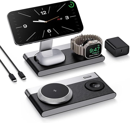 3 in 1 Magnetic Wireless Charging Station for Apple Devices,Foldable Wireless Charger Stand for Magsafe iPhone 17 Air 16/15/14/13/12,Apple Watch,AirPod,Wireless Charger Dock with Night Light