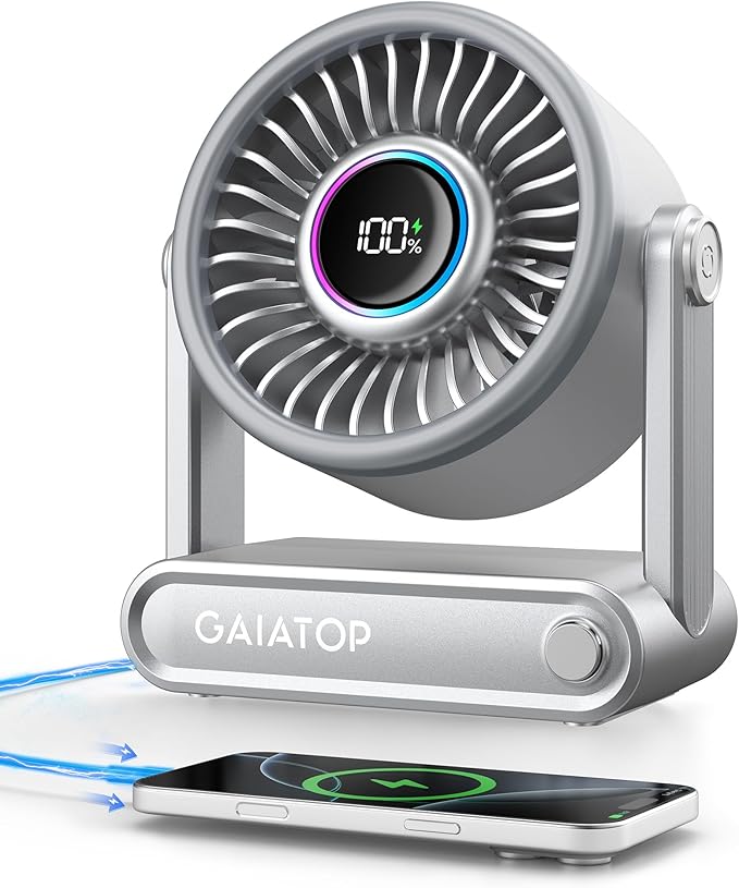 Gaiatop Portable Quiet Desk Fan, 6000mAh Rechargeable Battery Fan with RGB Ring, 18Hrs Runtime, 5-Speed Strong Wind, Bedroom Office Desk Accessories, Gifts for Women Men Teens, Silver