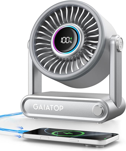 Gaiatop Portable Quiet Desk Fan, 6000mAh Rechargeable Battery Fan with RGB Ring, 18Hrs Runtime, 5-Speed Strong Wind, Bedroom Office Desk Accessories, Gifts for Women Men Teens, Silver