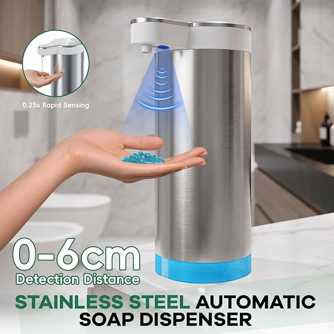 Automatic Soap Dispenser Touchless,Stainless Steel Hand Soap Dispenser,11.8oz/350ml,4 Adjustable Levels,USB Rechargeable,Desktop & Wall-Mounted Dual Use,for Kitchen & Bathroom,Liquid White