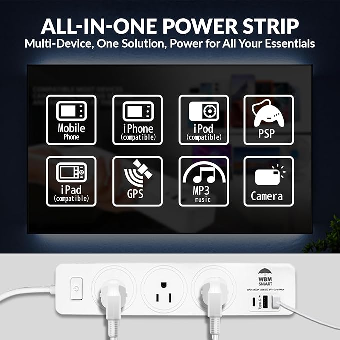 WBM Smart Power Strip 5.9 ft 10 A, Extention Cord Socket with 2 USB Ports and 1 Type C Plug, ETL Certified, Multi Outlet Extender for Home, Office, and Dorm Room