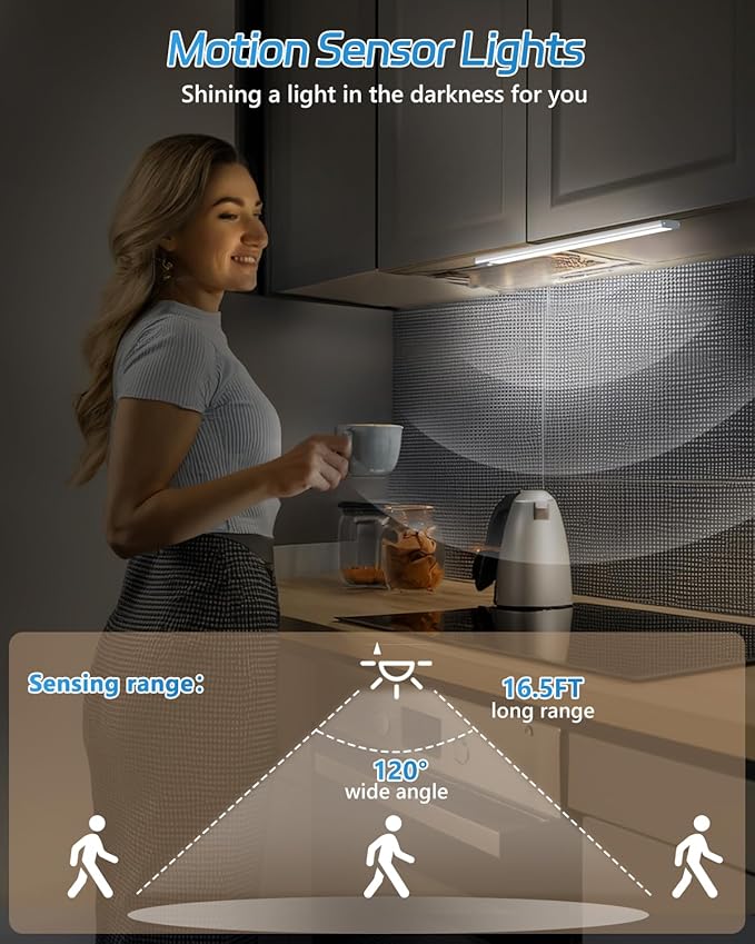 HIBOITEC LED Motion Sensor Cabinet Light 2500mAh 2 Packs Rechargeable Under Counter Closet Lighting, Wireless Night Light with 54 LEDs for Cabinet, Wardrobe, Kitchen, Hallway, Stairs