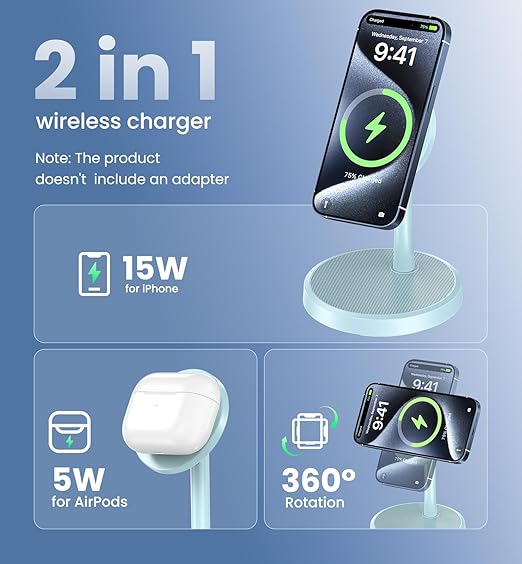 Magnetic Wireless Charger iPhone, 2 Pack 15W Fast Mag-Safe Charger Stand for iPhone 17/17 Air/17 Pro/17 Pro Max 16/15/14/13/12 Series, Wireless Charging Station for Pad/AirPods(Blue)