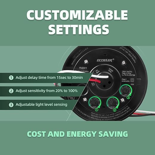ECOELER Ceiling Mount Motion Sensor, 360 Degree Occupancy Sensor Switch, 10-40 Ft High Sensitive PIR Infrared Motion Activated Switch for CFL/LED/Incandescent Bulb, Black, UL & FCC Listed