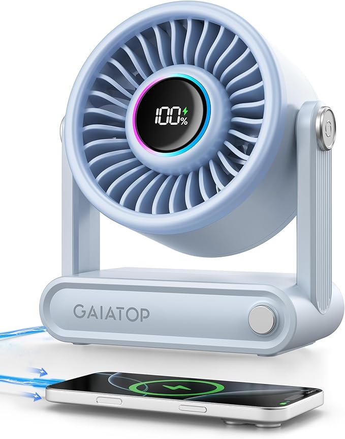Gaiatop Portable Quiet Desk Fan, 6000mAh Rechargeable Battery Fan with RGB Ring, 18Hrs Runtime, 5-Speed Strong Wind, Bedroom Office Desk Accessories, Gifts for Women Men Teens, Blue