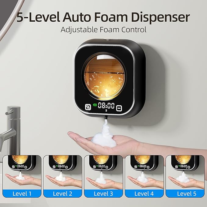 Automatic Foaming Soap Dispenser, Wall Mounted Soap Dispenser, 320ML Electric Smart Touchless Rechargeable, 5 Adjustable Foam Levels, No-Drill Waterproof for Bathroom, Kitchen, Office (Black)