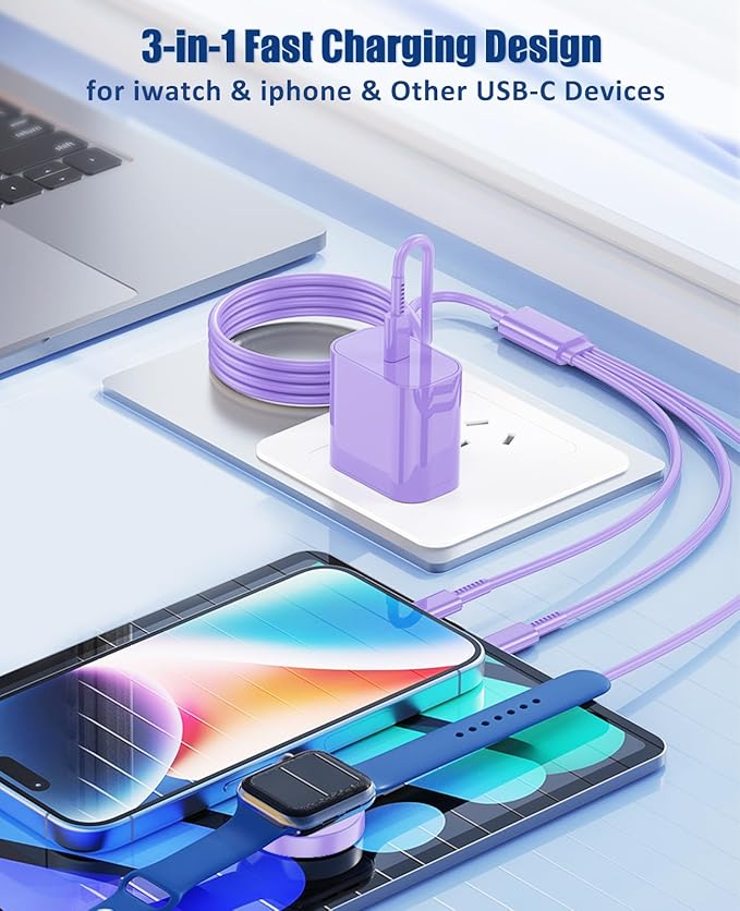 for Apple Watch Charger Fast Charging,3 in 1 Multi Chargers Cable with 20W USB C Charger, iWatch Charger Cord 6.6FT for iWatch Series Ultra2/SE/10/9/8/7/6/5/4/3/iPhone 15 16Pro Max/14/13/12/11(Purple)