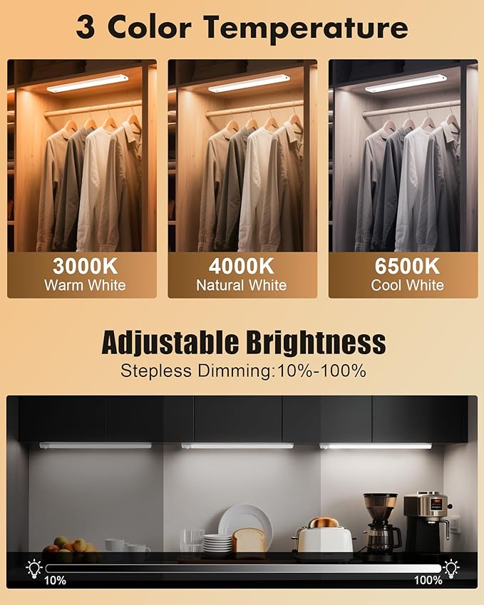 maylit 6 Pack Under Cabinet Lighting, 3 Color Temps Motion Sensor Light Indoor, Rechargeable Battery Operated Lights, Wireless Magnetic Light Bar for Kitchen Counter Closet Stair Shelf Display