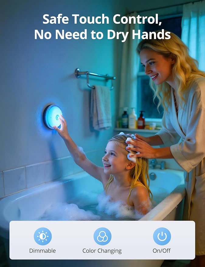 Combuh Rechargeable RGB Ambient Shower Light Waterproof Inside, 15 Color Changing Mood Lighting for Bathroom Bathtub IP65 Waterproof Cordless Battery Operated Stick on Lamp with Remote(Black 2 Pack)