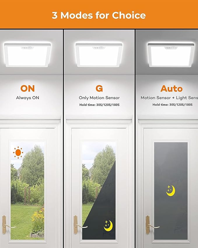 Annaror 12in Motion Sensor Ceiling Light Wired, 3000K 4000K 5000K Selectable, 24W Flush Mount Square Motion Ceiling Light with 3 Timer for Closet Porch Stairs Hallway, White