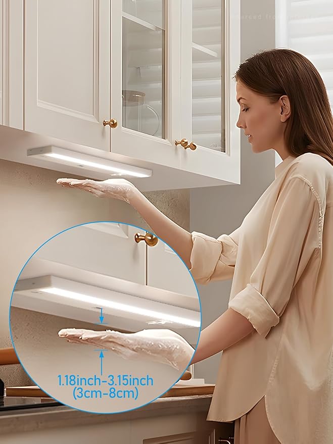 TORCHSTAR LED Under Cabinet Lighting 3CCT, 12 Inch 8W 540LM, Hardwired & Plug-in, Hand Wave Motion Sensor, CRI90 120V ETL Dimmable Under Counter Lights for Kitchen, White Aluminum Housing, Pack of 2