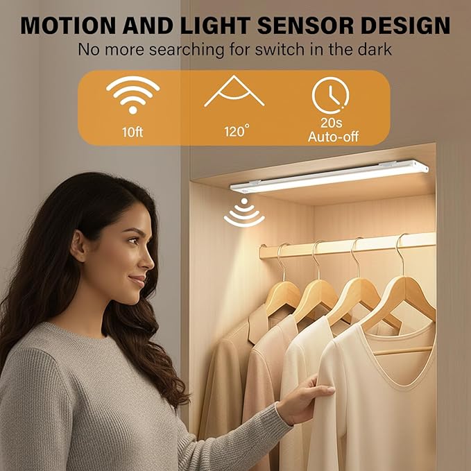 Under Cabinet Lighting, 2 Pack Rechargeable Motion Sensor Light Indoor, 3 Color Temps Dimmable Closet Light, Wireless Under Counter Lights for Kitchen, Closet, Stairs