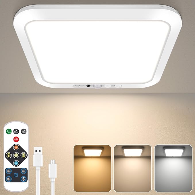 Rechargeable Motion Sensor Closet Light with Remote, Wireless Battery Operated Ceiling Light Magnetic Mount, Rechargeable LED Shower Light No Wiring for Indoor, Shower, Stairs, Shed, Hallway, Porch