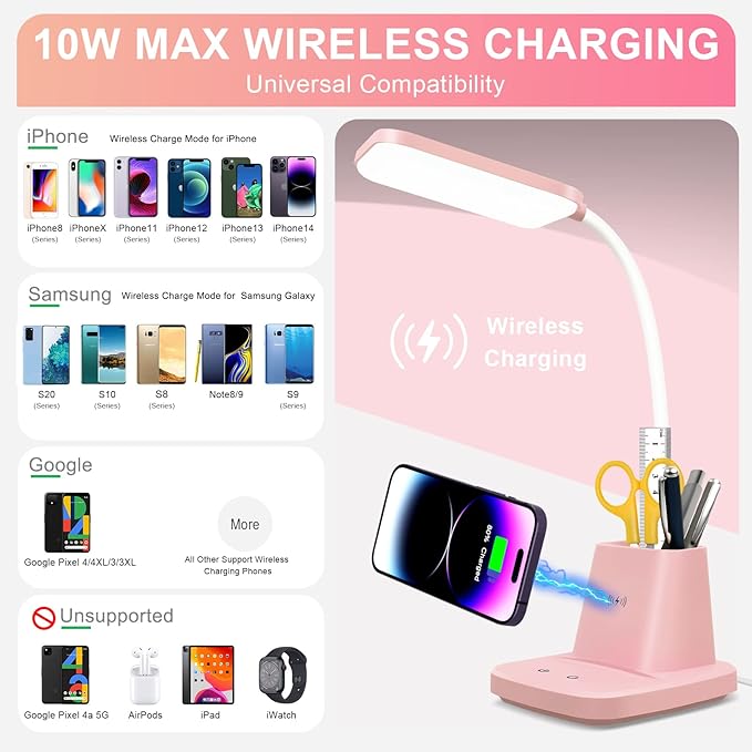 Pink Desk Lamp, Small Desk Lamp with Pen Holder, Wireless Charger LED Desk Lamps for Home Office, Kids Desk Lamps 800LM Flexible Arm 3 Modes Dimmable Touch, Study Lamps for College Dorm Room