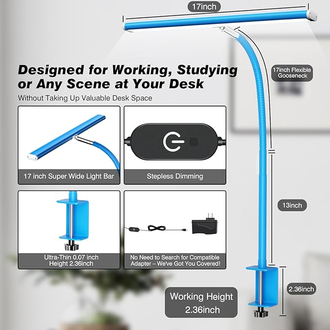 Airlonv LED Desk Lamp for Office Home, Eye-Caring Desk Light with Stepless Dimming Adjustable Flexible Gooseneck, 10W USB Adapter Desk Lamp with Clamp for Reading, Study, Workbench (Blue)