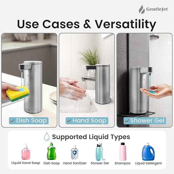 GentleJet OpalDrop Automatic Liquid Soap Dispenser for Kitchen Sink Touchless No-Drip Pump, USB-C Rechargeable, 304 Stainless Steel, IPX5 Water-Resistant, 270 ml