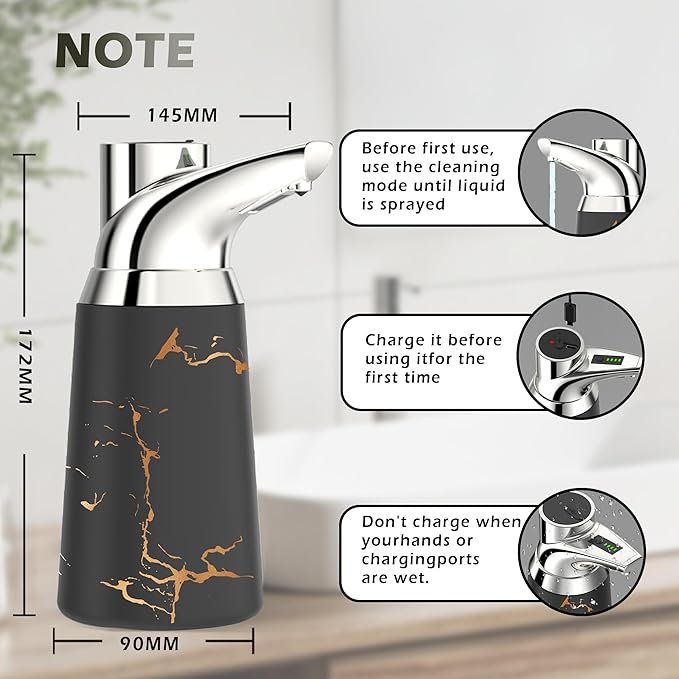 Adjustable Automatic Soap Dispenser Touchless, Ceramic Material，4 Adjustable Levels， Type-c Rechargeable Operated Sensor Liquid Soap Pump，Touch-Free Hand Sanitizer Dispenser (Black Silver)