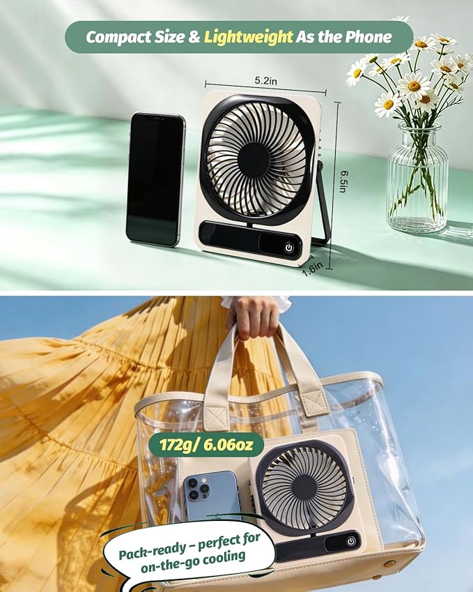 Portable Folding Desk Fan, 5-Speed Quiet Personal Fan w/180° Adjustable Stand & Strong Airflow, 2000mAh Rechargeable Battery Operated Small Fan for Home Office Travel, Tabletop or Hanging Use