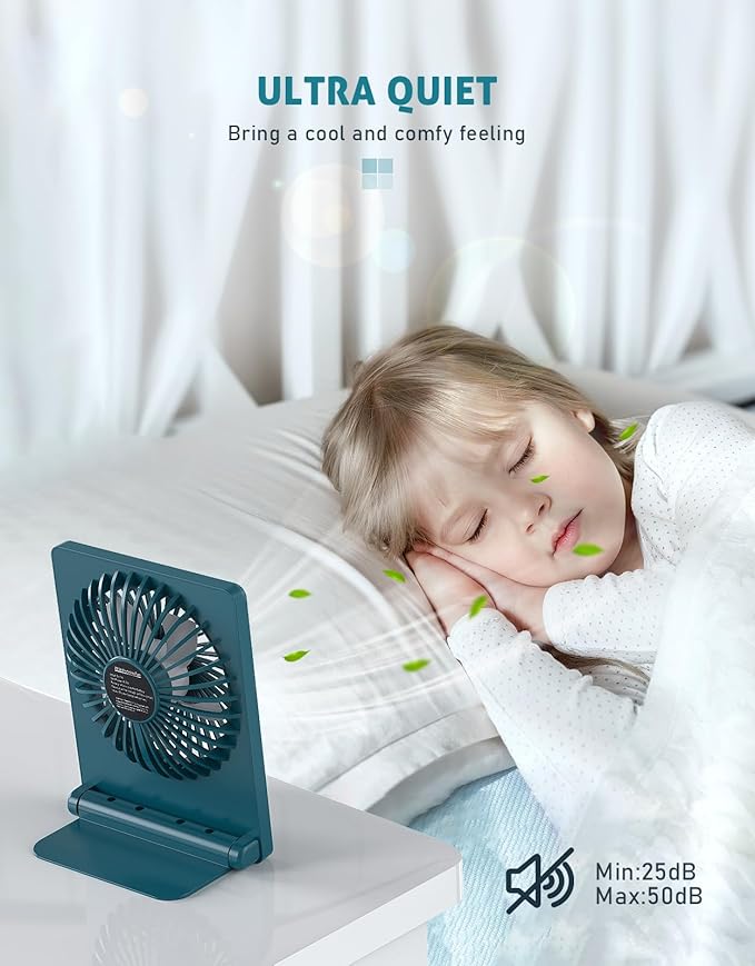 Zuvas Desk Fan Battery Operated Fan Rechargeable 180°Tilt Folding Personal Fan Ultra Quiet Small Portable 3 Speed Adjustable Strong Wind Fan For Office Bedroom Home Desktop Camping (Deep Green)