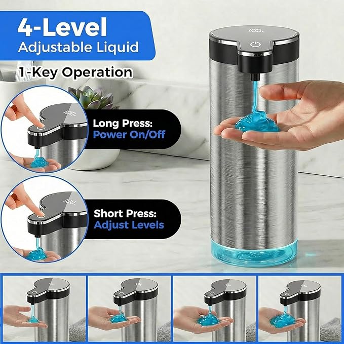 Automatic Liquid Soap Dispenser Touchless, Stainless Steel Hand Soap Dispenser, USB Rechargeable, 4 Adjustable Levels, 11.8oz/350ml for Kitchen and Bathroom (Stainless Steel Black, Liquid)
