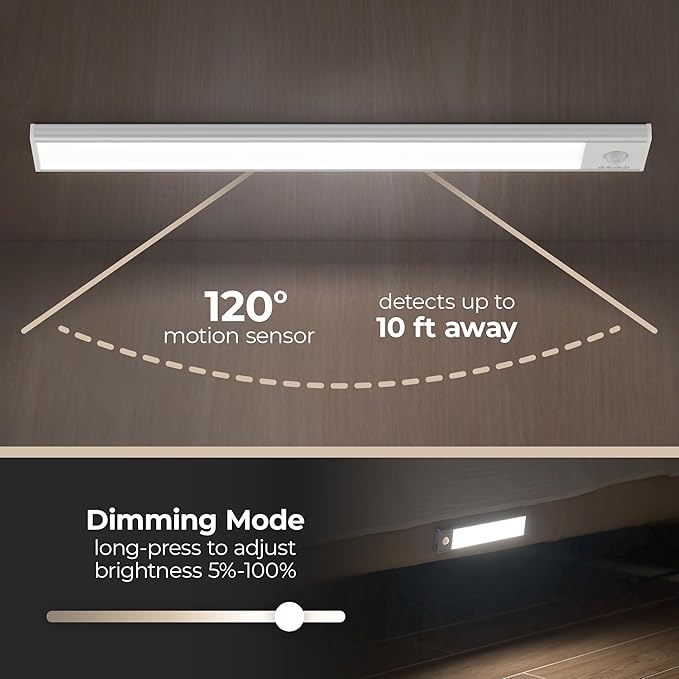 Magnetix 8in Rechargeable LED Under Cabinet Motion Sensor Light Bar with Magnetic Mounting Clips, Dimmable and 3-CCT Selectable in Brushed Aluminum for Kitchen and Closet