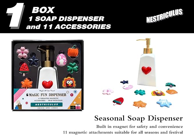 Seasonal Soap Dispenser with 11 Interchangeable Magnets - Seasonal Decor - Farmhouse Bathroom Kitchen Decor (Resin,Built in Magnet) - 8.82oz (Gold)