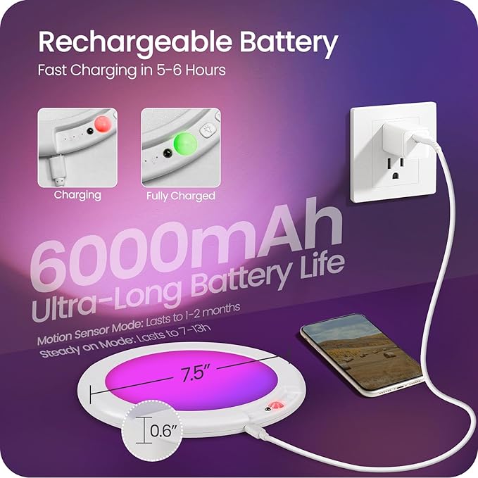 2 Pack Motion Sensor Rechargeable Shower Lights with Remote, RGBW Battery Operated Ceiling Light, Wireless, Color Changing, Warm-to-Cool Whites, Dimmable, Timer, Magnetic for Bathroom Closet Porch