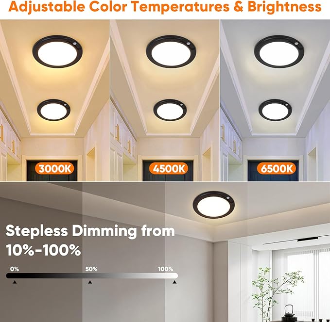 Rechargeable Motion Sensor Ceiling Lights with Remote, Battery Operated Ceiling Lights No Wiring, Wireless LED Ceiling Lights, 3 Colors Dimmable Overhead Lamps for Closet Shower Pantry Hallway, Black