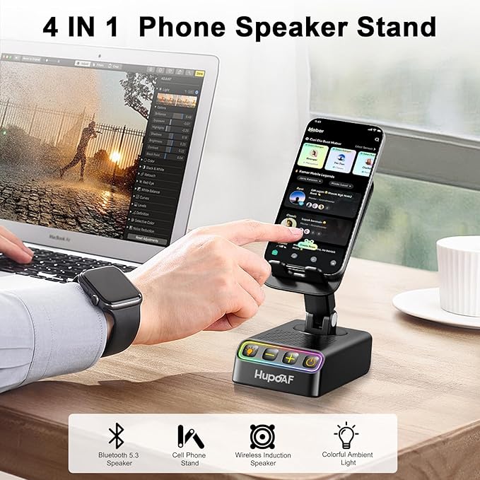 Hupoaf Adjustable Cell Phone Stand with Wireless Induction Bluetooth Speaker, HD Surround Sound for Home and Outdoors, Compatible with iPhone/Samsung Galaxy, 2026 Birthday Gifts for Men Women Dad Mom