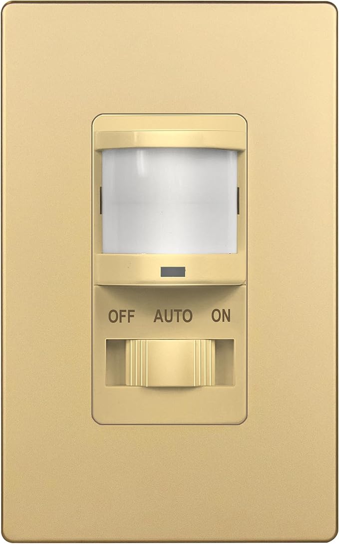 TOPGREENER in Wall PIR Motion Sensor Light Switch, Occupancy Sensor Switch, Neutral Wire Required, On/Off Override, Single Pole, 4A, 500W, Wall Plate Included, TSOS5-GDSWP, Gold
