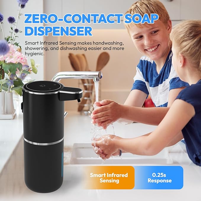 2 Pack Automatic Foaming Soap Dispenser,Touchless Foam Soap Dispenser,12.8oz Rechargeable Wall Mounted Smart for Bathroom and Kitchen Dish Soap,Easy for Toddlers(Black)