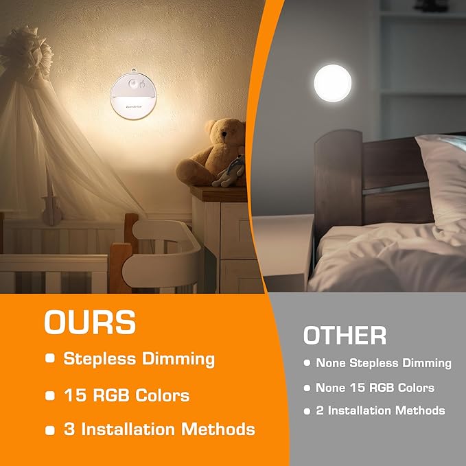 EverBrite LED Motion Sensor Night Light, Dimmable Night Lights with 15 RGB Colors, Cool White Motion Activated LED Night Light for Stairs, Hallways, Bathroom - with 18 AAA Batteries, 6-Pack