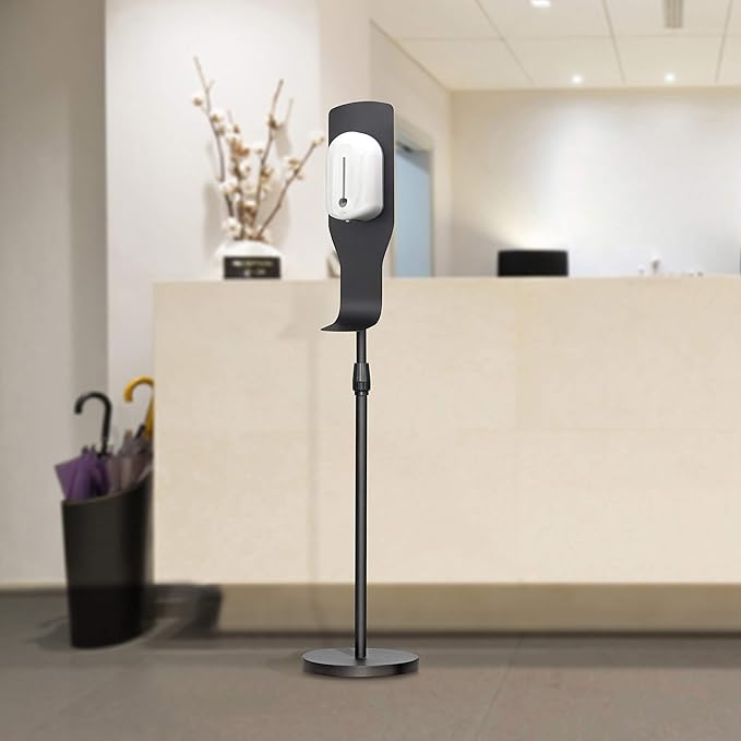 New Star Foodservice 1028898 Freestanding Adjustable Floor Stand for Hand Sanitizer Dispenser with Drip Tray and Weighted Base, Customizable, Black, Round Base