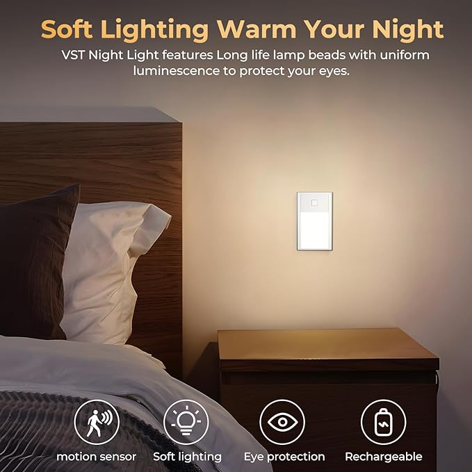 VST Motion Sensor Step Night Light, Rechargeable Battery Powered Stair Lights with Magnetic Suck Installation for Indoor Bedroom Hallway Nursery Kids Room (2.68 inch 3000K 3Pack Silver)